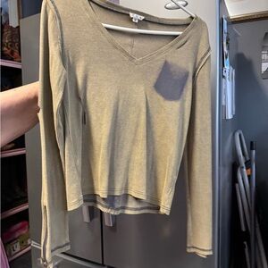 POL Olive Long Sleeve V-Neck Top
